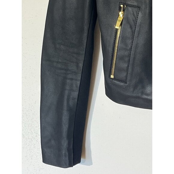 New Via Spiga Black Leather Stretch Fabric Combo Zip Moto Jacket - Picture 9 of 13